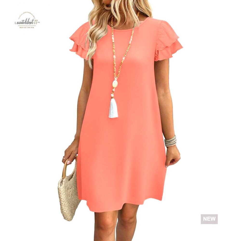 Knee-Length Ruffle Sleeve Swing Dress with Pockets, Loose Fit Casual Sundress